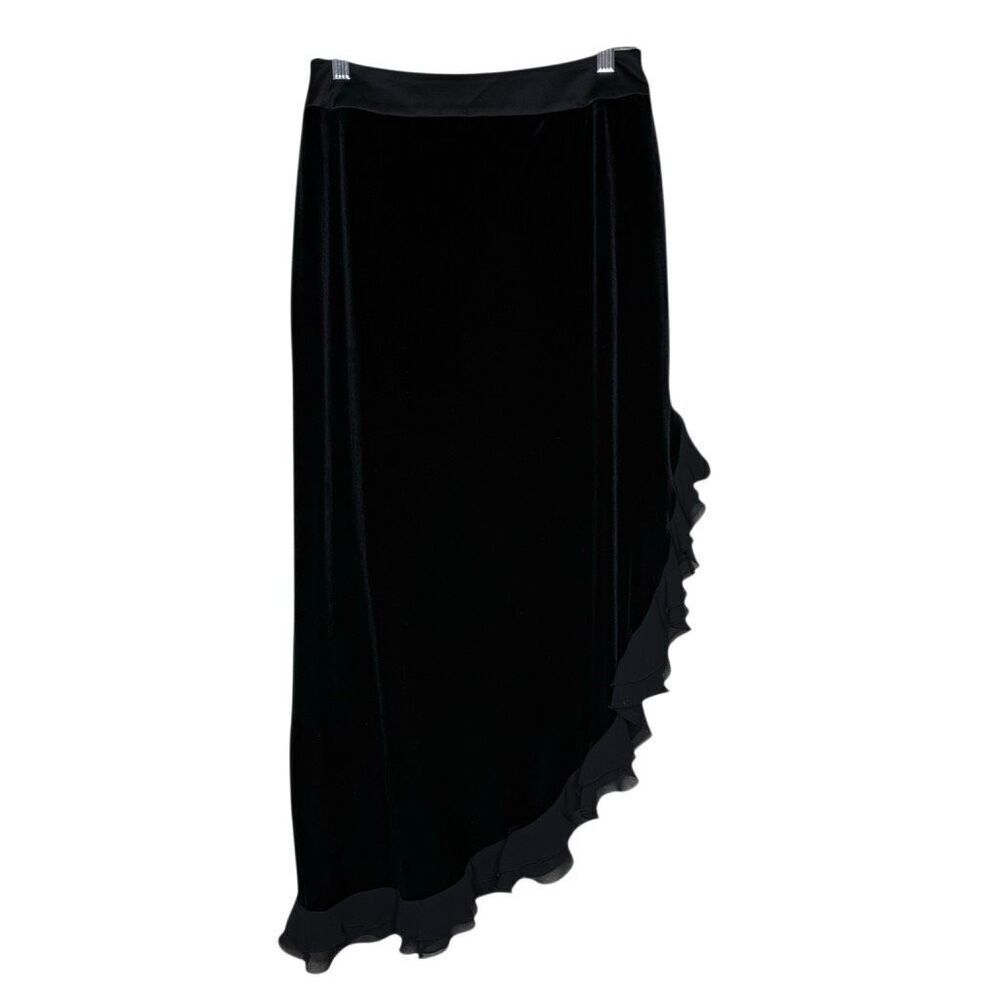 JS Collections Black Velvet Ruffled Asymmetrical Midi Skirt Size8 Vintage, Whims